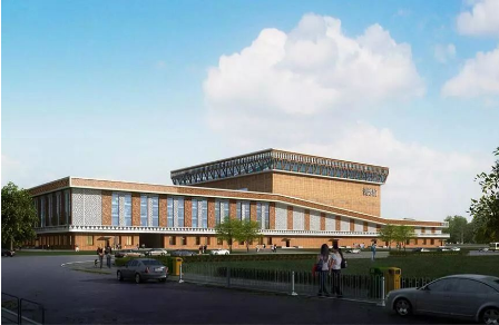 网球馆、综合训练馆、体育学校三个建筑连为一个整体，整个建筑采用领奖台造型